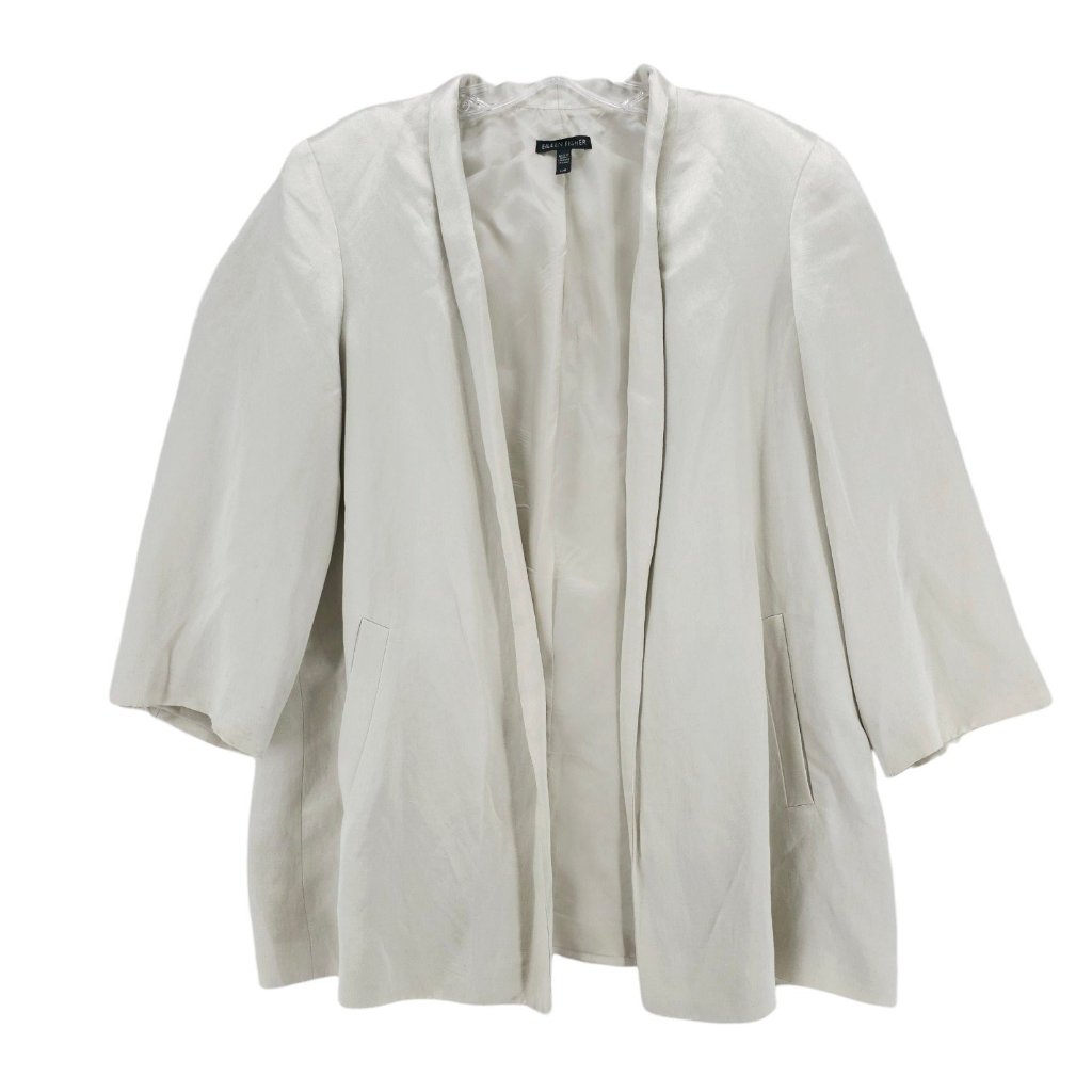Eileen Fisher Open Front Jacket Organic Linen Silk Bone Off White Large